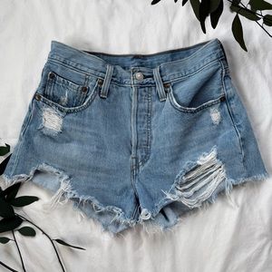 Levi 501 Denim Jean Shorts Distressed Rip Light Wash Classic Cutoff Shorts